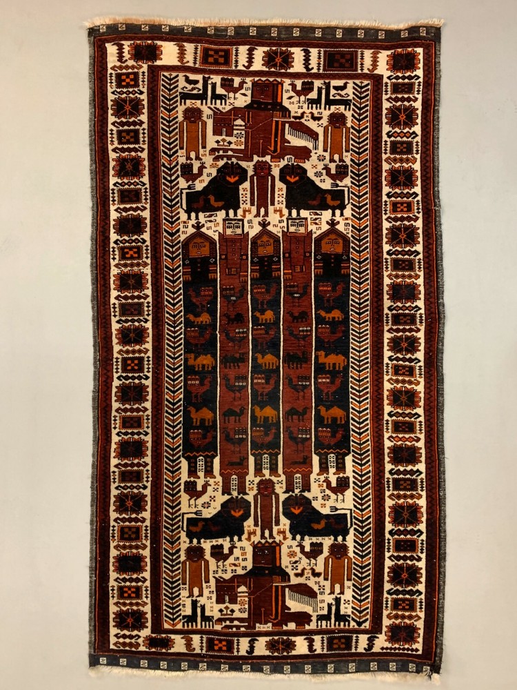 Vintage Tribal Lion Rug 204x110 cm, Old Tribal Wool Carpet, Black, Red Cream