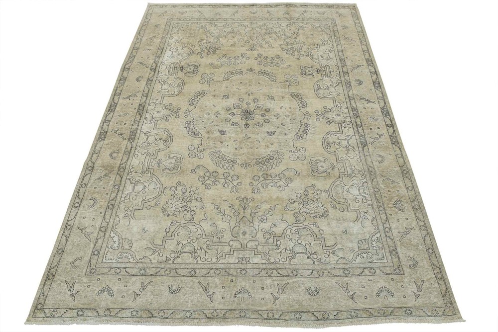 Tabrizi Rug 9'7'' x 13'1'' Beige Wool Vintage Distressed Hand-Knotted Carpet
