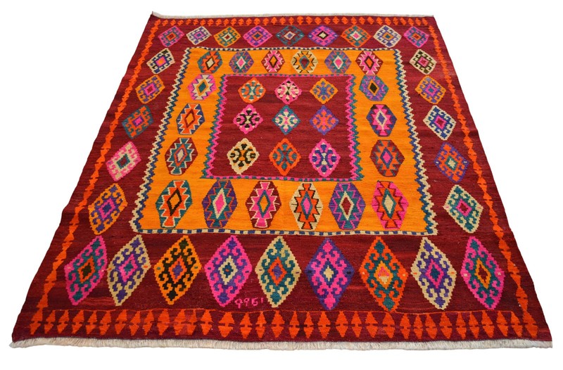 Vintage Handwoven Turkish Rug Kilim Flat Weave – Boho Farmhouse Rug 6x7 ft aprox gallery