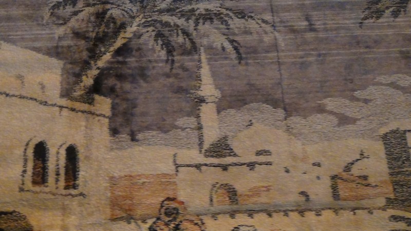 ANTIQUE ISLAMIC SILK RUG STREET MARKET SCENE 49" X 77" gallery