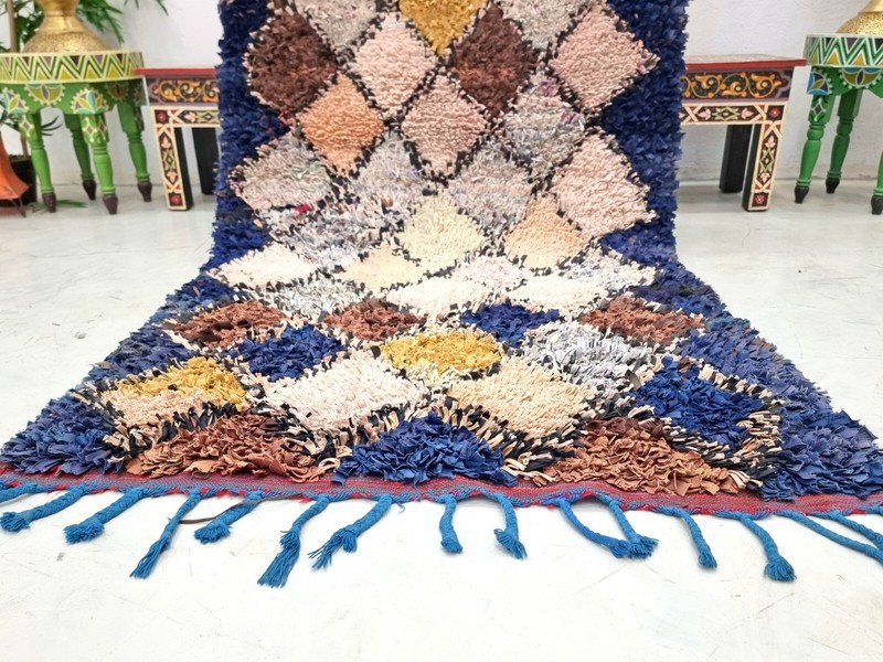 Moroccan Handmade Vintage Boucherouite 3'2x7'4Berber Geometric Blue Cotton Rug gallery