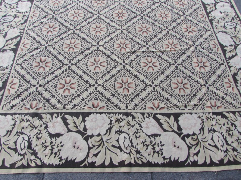 Vintage Hand Made French Design Wool Black Beige Original Aubusson 308X239cm gallery