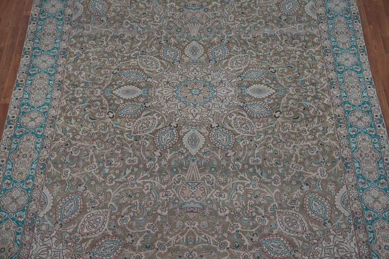 Vintage Muted Green Wool Tebriz Traditional Handmade Room Size Area Rug 9x13 gallery