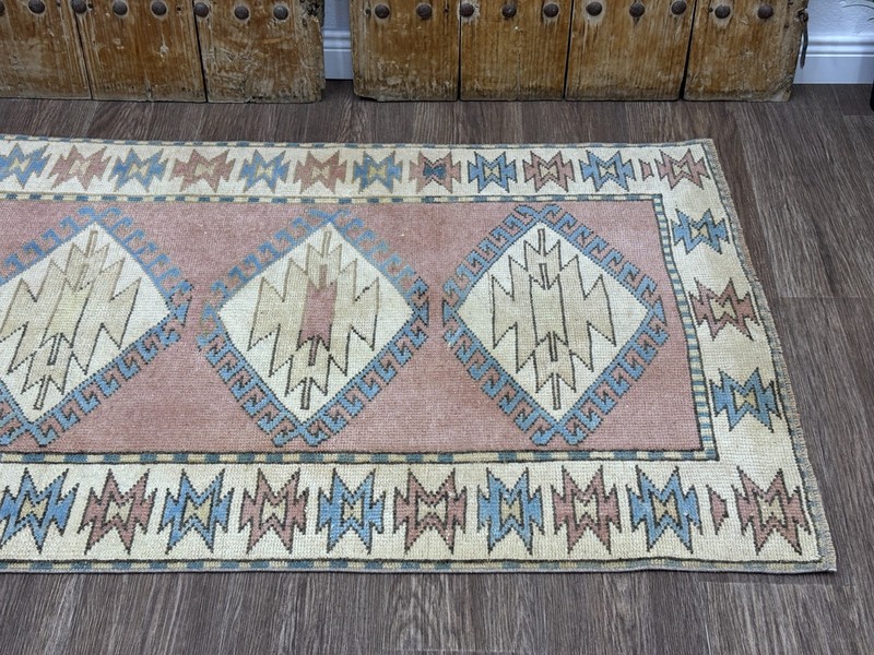 3x5 Pink Beige Blue Vintage Turkish Rug, Hand-Knotted Wool Rug, Small Oushak Rug gallery