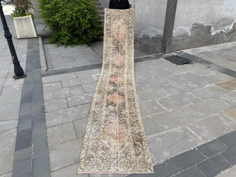 Long Vintage Turkish Oushak Rug 2.2x12.6 ft Beige Pink Hallway Gallery Runner gallery