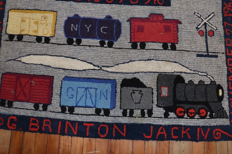 Vintage American Hook Hooked Pictorial Dated Train Rug Size 2'10''x4'4'' gallery