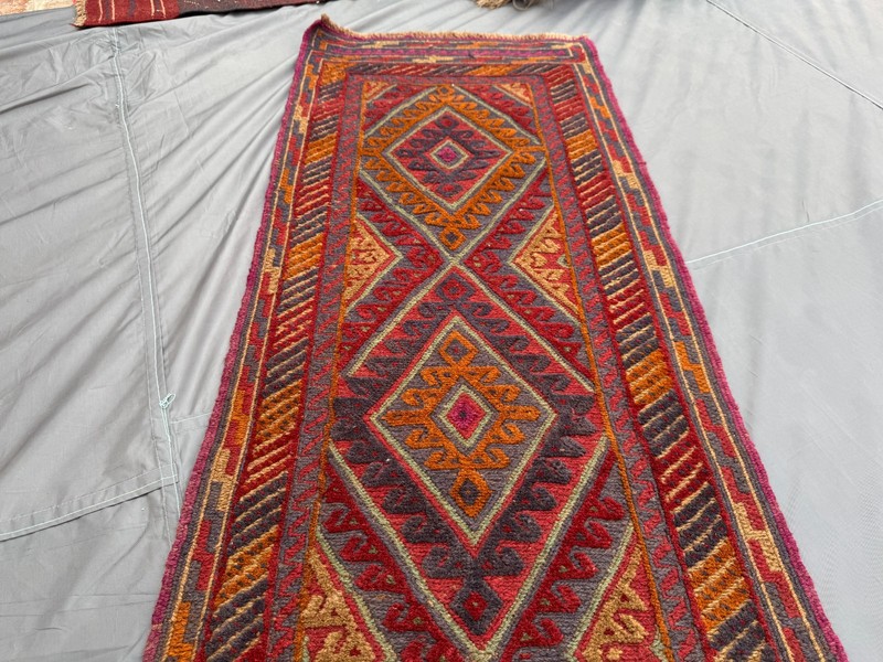 Vintage Afghan Mishwani 2x12 Runner Rug, Handwoven Wool, Red Orange Entryway Rug gallery