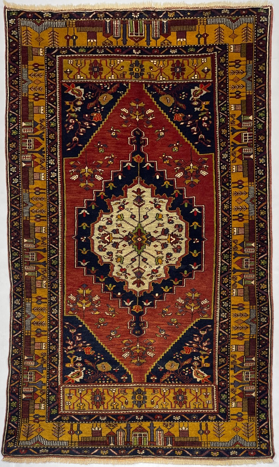 Turkish Hand Knotted Wool Rug 4x7 Vintage 1960s Antique Red Gold Medallion Rug gallery