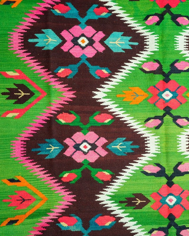 Oltenian Kilim Runner 100% Wool Geometric Green Pink Fuchsia 1970s Romania 15x6f gallery