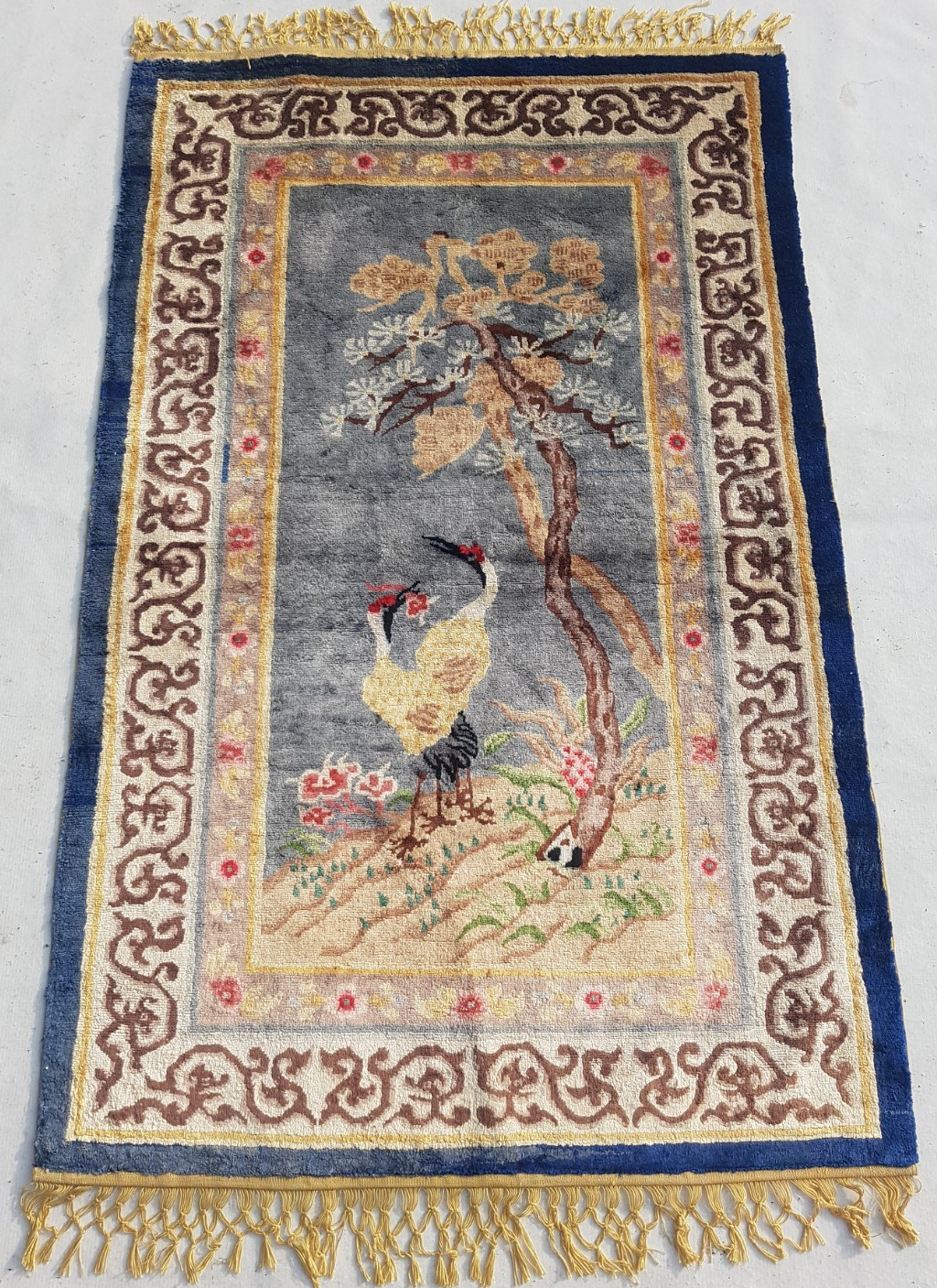 Vintage Handmade Peking Chinese Two cranes Wool Rug Carpet 137x88 cm gallery