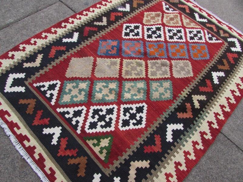Vintage Traditional Hand Made Oriental Wool Red Blue Small Kilim 141x102cm gallery