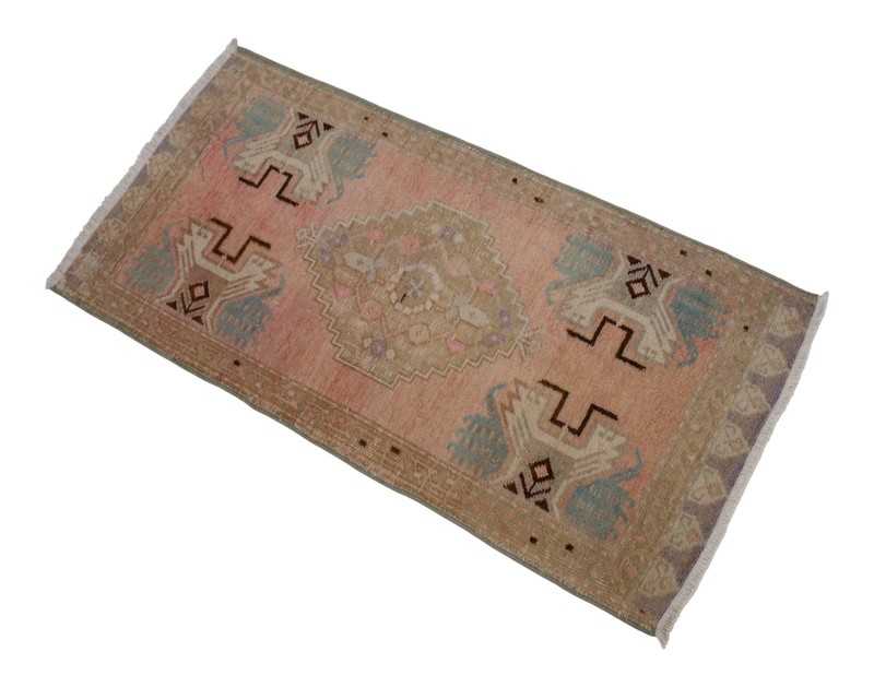 Vintage Oushak Small Rug 2x3 Pink Blue Turkish Mat Hand-Knotted Entryway Rug gallery