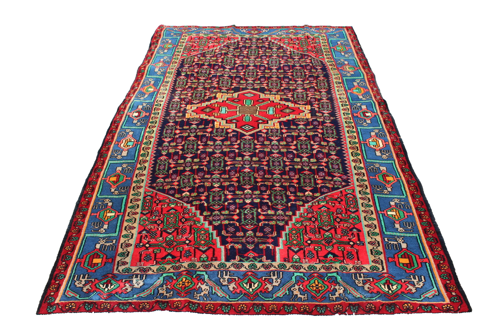 Bright Geometric Nomadic Afghan 4' 5" x 8' 2" Blue Hand Knotted Area rug gallery