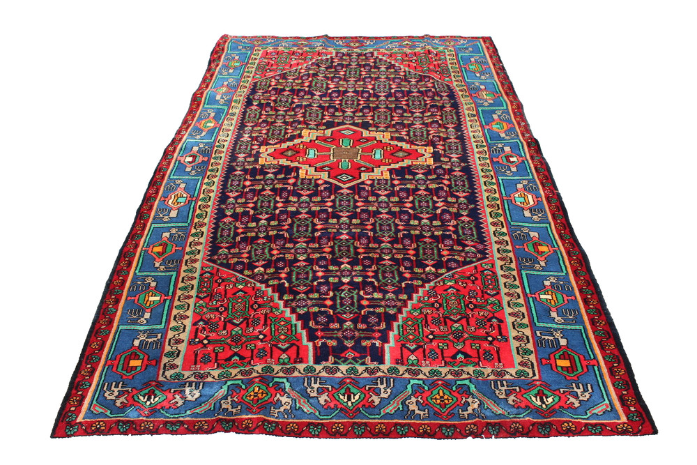 Bright Geometric Nomadic Afghan 4' 5" x 8' 2" Blue Hand Knotted Area rug