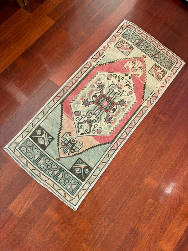 2x4 Small Runner Tribal Pink Blue Hand Knotted Vintage Turkish Wool Accent Rug gallery