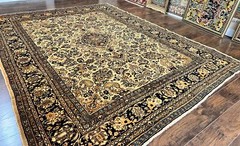 Antique Oriental Rug 9×11 Wool Handmade 1920s Carpet Cream Black Floral Allover