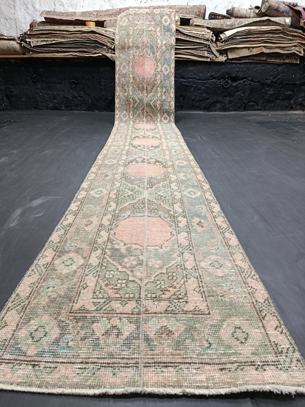 Green Red Geometric Handmade Runner, 1.9x12.2ft, Vintage Turkish Entryway Rug, gallery
