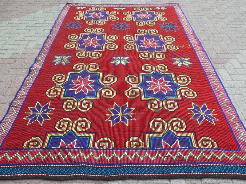 Crimson Red Large Floral Vintage Carpet, Turkish Handwoven Boho Rug 79"x120" gallery