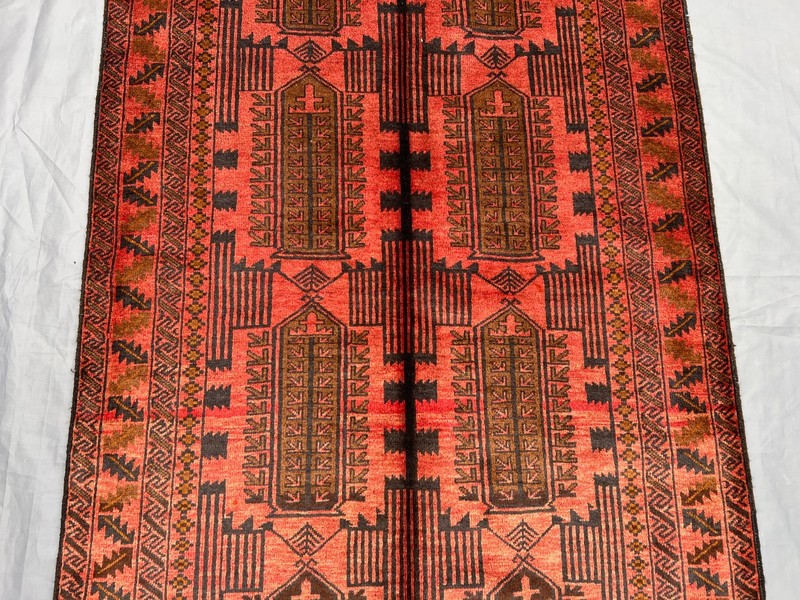 3'6x6'3 ft Vintage Afghan Baluchi Hand-Knotted Rug, Red & Black Geometric Rug gallery