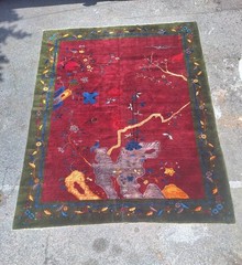 Vintage Chinese Art Deco Rug, Crimson Scholar’s Garden Carpet, 11’5″ x 9’2″