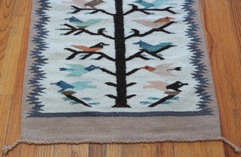 2' 3" x 3'4" Hand Woven Wool Tree of Life Birds Navajo Mexican Vintage Rug gallery