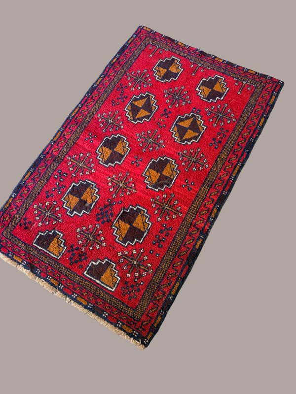 Vintage Hand Knotted Wool Tribal Rug – Red Field Geometric Medallions 33x53 gallery