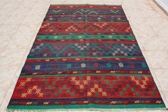 TURKISH KILIM RUG 5×8, GEOMETRIC STRIPED KILIM RUG 62″x96″, BLUE RED KELIM 5×8