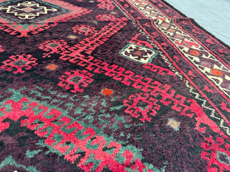 4'2x8'5 ft Vintage Afghan Baluchi Rug, Red & Black Geometric Diamond Design gallery
