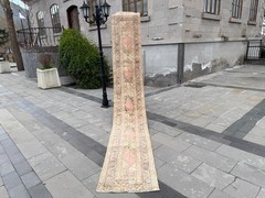 Vintage Turkish Oushak Runner Rug 2×13.2 ft Extra Long Pastel Hallway Rug