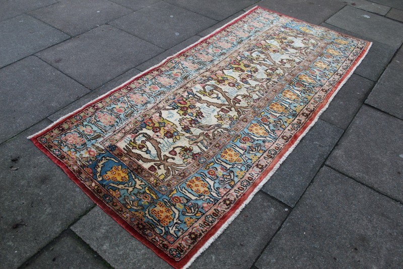 Vintage Hand Made Traditional Oriental Wool White Blue Short Runner 95x217cm gallery