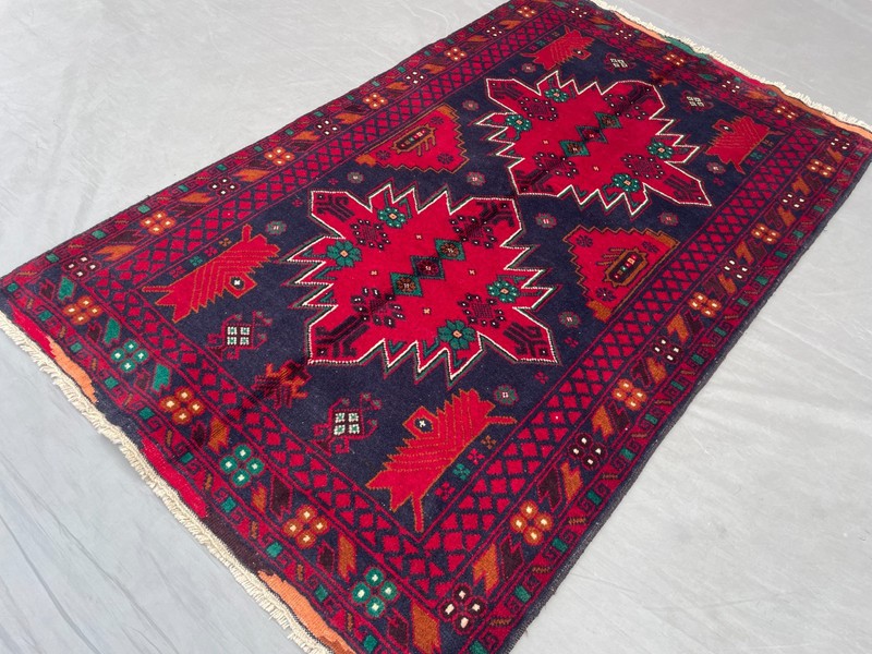 3'1x4'11 ft Vintage Afghan Baluchi Hand Knotted Wool Red Navy Star Medallion Rug gallery