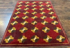 Modern Tibetan Rug 5 x 6.8 Wool Red Allover Pattern Nepali Abstract Carpet