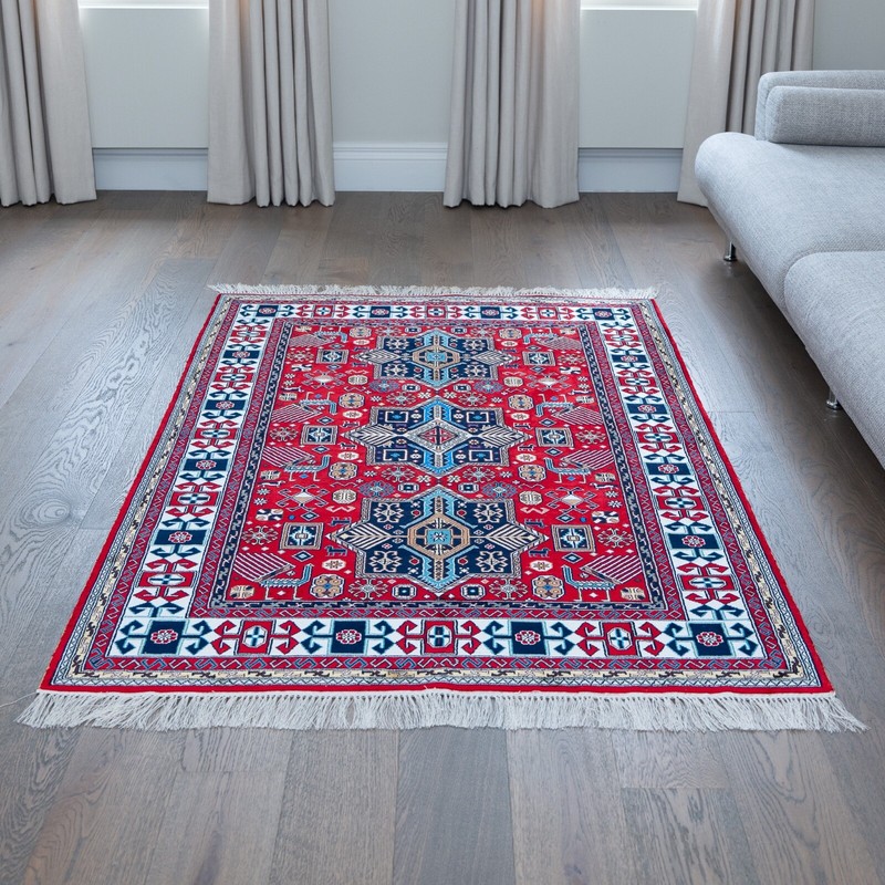"Akstafa" Blue on red silk carpet gallery