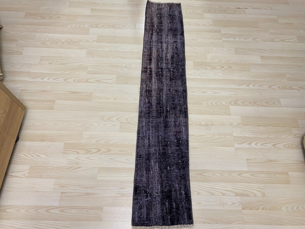 Antique Turkish Rug 0.9x5.0 ft Vintage Dark Plum Overdyed Narrow Carpet Boho
