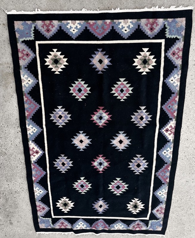 Vintage Wool Dhurrie Rug Handwoven Geometric Patterns Purple On Black “AS IS” gallery