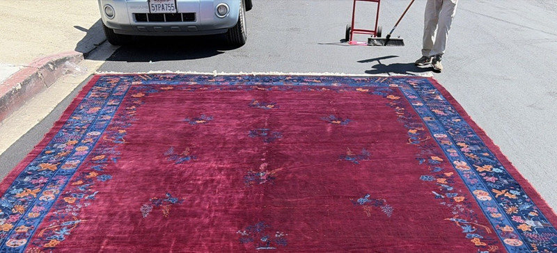 Auth: 1920 Antique Art Deco Chinese Rug Mandarin Beauty Purple 12.6x18.6 gallery