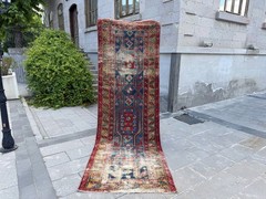 Vintage Turkish Runner Rug 3.3×10.1 ft Distressed Tribal Hallway Carpet Wool Rug