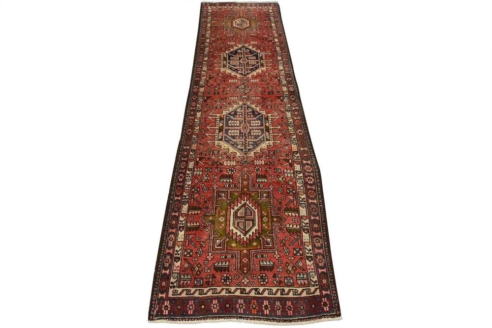 Vintage Tribal Runner 3’2” x 10’2” Red Wool Geometric Hand-Knotted Oriental Rug
