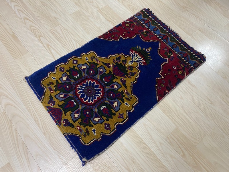 Antique Turkish Rug 1.3x2.2 ft Vintage Small Mat Navy Blue Gold Wool Boho Rug gallery
