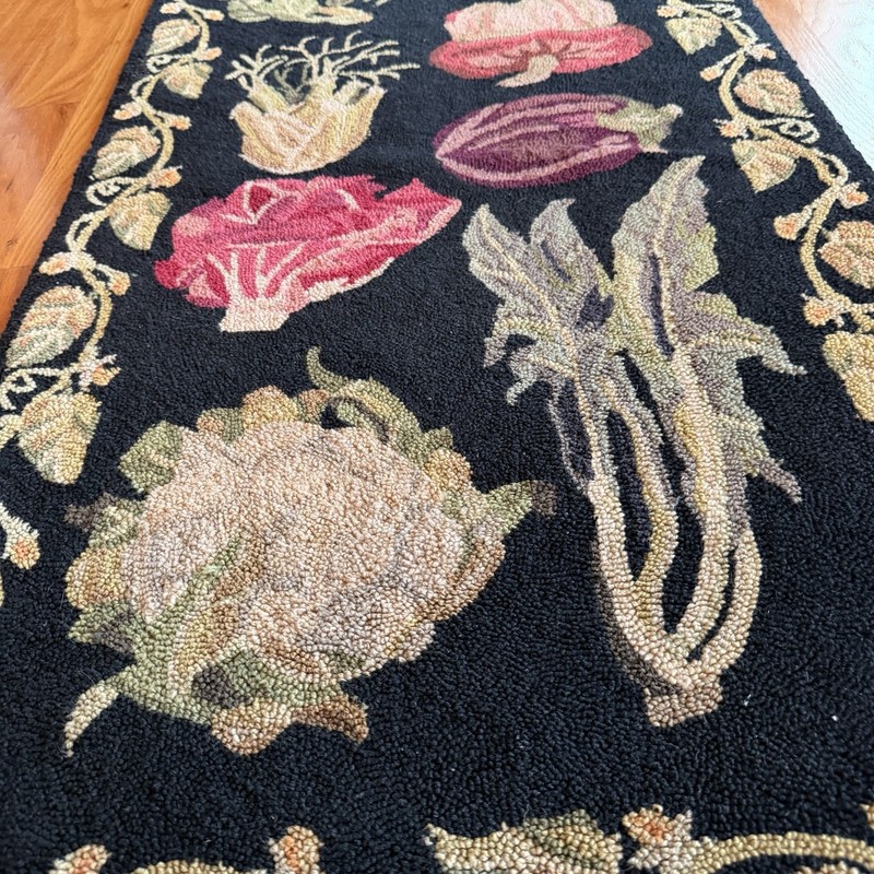 Antique 1910 Primitive Hooked Rug Vegetables Garden Farmhouse Rug Runner 26x92 gallery