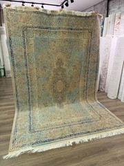 7×10 FT Silk Rug Machine Made Turkish Medallion Vintage Beige Blue Luxury