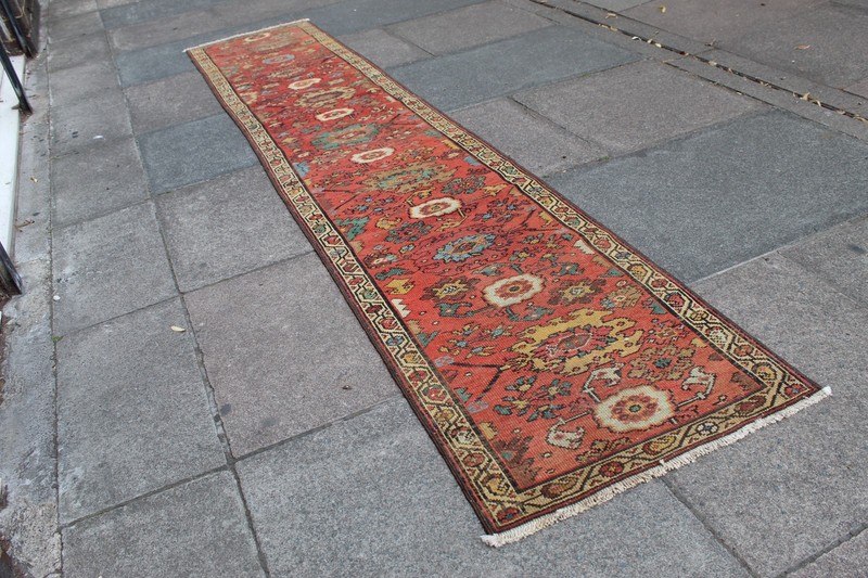 Antique Worn Hand Made Traditional Oriental Wool Pink Red Narrow Runner 315x63cm gallery