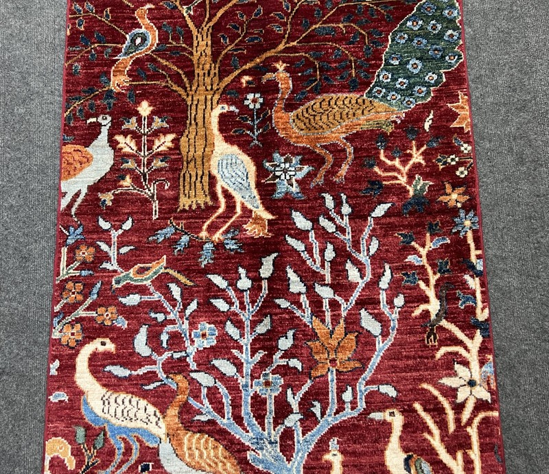 Handmade Afghan Pictorial Peacock Rug 3x4 Ft – Vintage Red Floral Boho Decor gallery