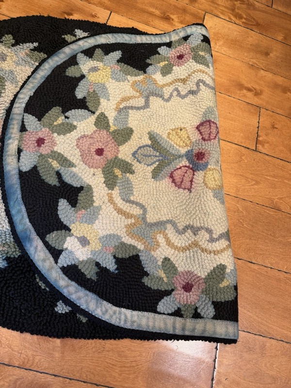 Hooked Wool Rug, Oval , Vintage Black, cream, Floral Pattern colors 33” X 53” gallery