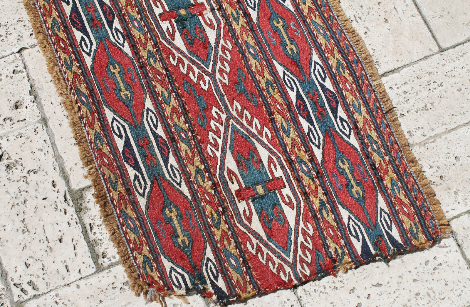 Caucasian Rug 14''x39'' +100 Age ANTIQUE Fragment Sumak Kilim 37x101cm gallery