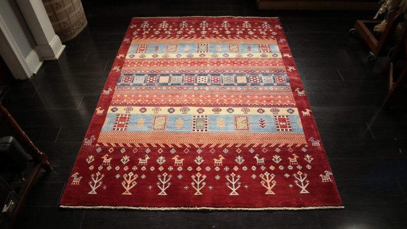 5x7 AFGHAN-REFUGEE GEOMETRIC VEGETABLE-DYE HANDMADE-KNOTTED FINE WOOL RUG 585978 gallery