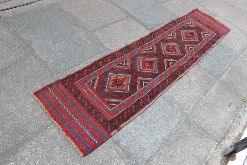 Vintage Hand Made Afghan Mushvani Oriental Red Blue Wool Narrow Runner 245x60cm gallery