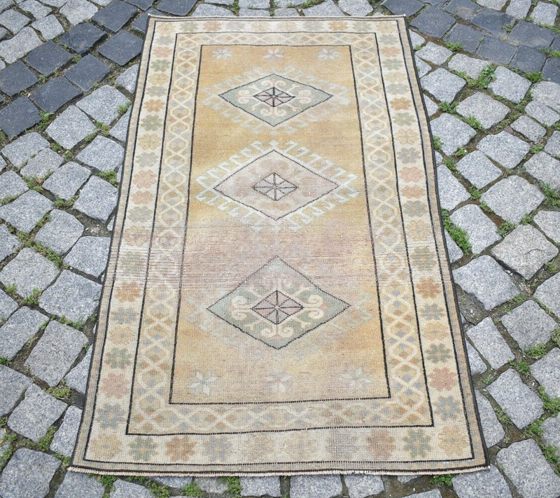 Turkish Rug 29'' x 49'' Vintage Muted Dye Rug Hand Knotted Rug Low Pile Wool Rug gallery
