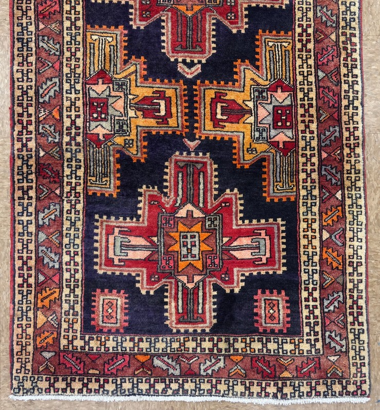 Vintage Hand Knotted 4x10 Navy Wool Tribal Geometric Ardebil Runner Area Rug gallery