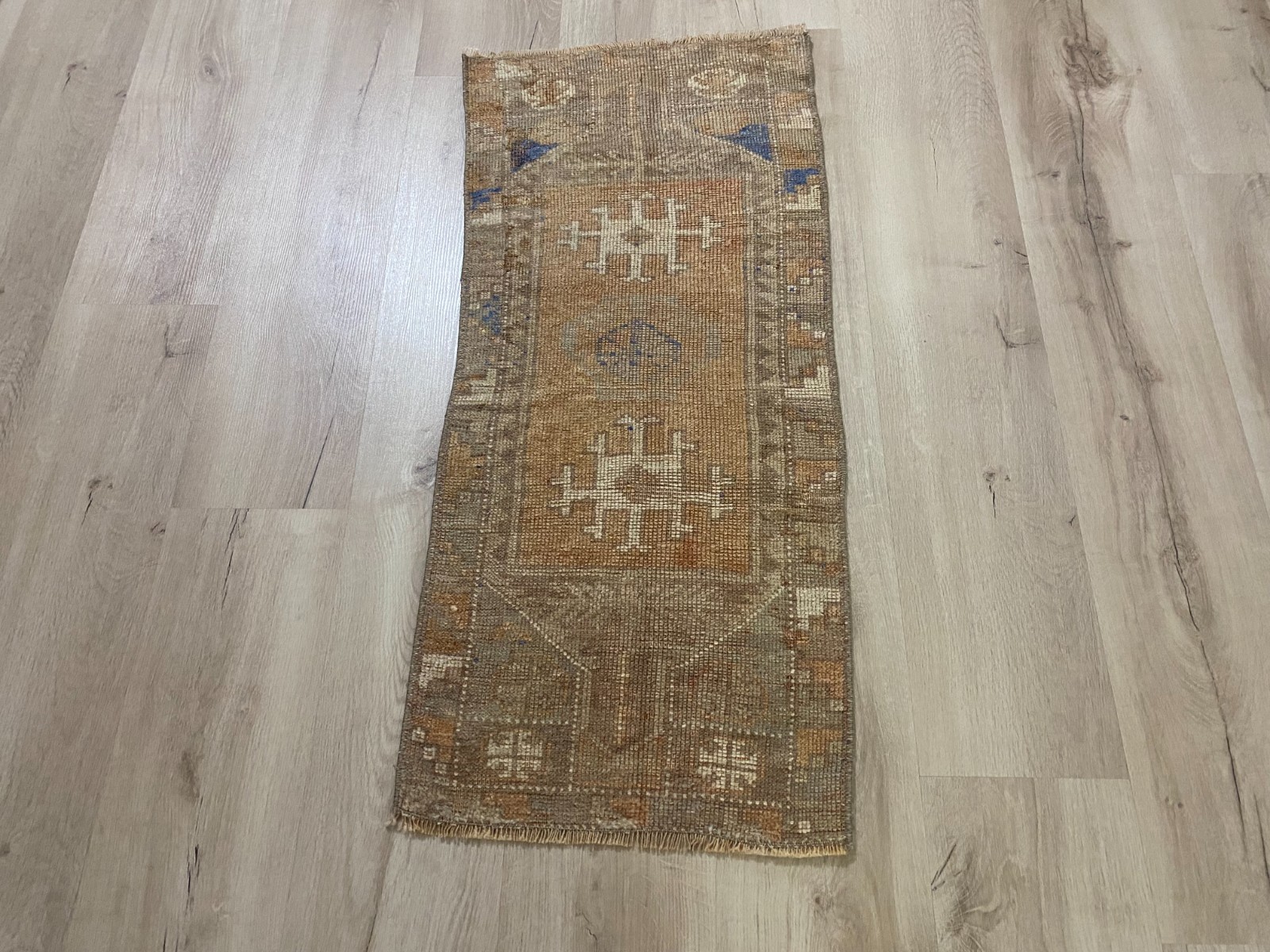 Neutral Turkish Runner Rug 1.4x3.3 Ft Handmade Vintage Wool Hall Carpet gallery